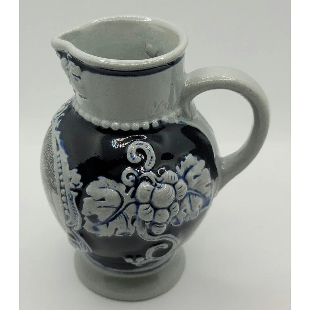 German Small Stoneware Pitcher HandCrafted HandPainted Gray and Cobalt Blue